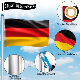 6,5m Fahnenmast Aluminium Flaggenmast Fahne Bodenhülse inkl. Deutschlandfahne QEENTOE
